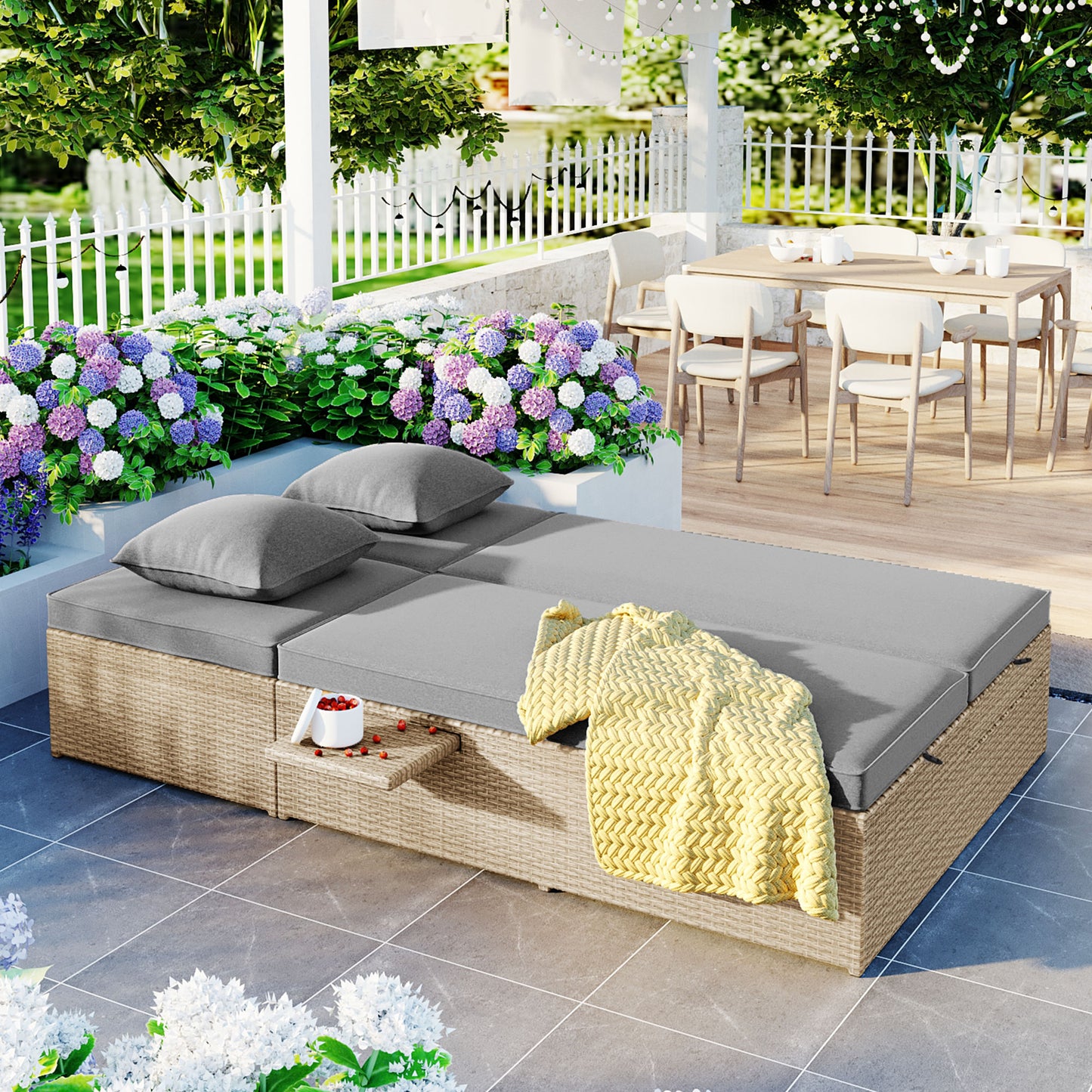 Double Outdoor Sunbed - Wicker Rattan Reclining Chairs for 2, Brown