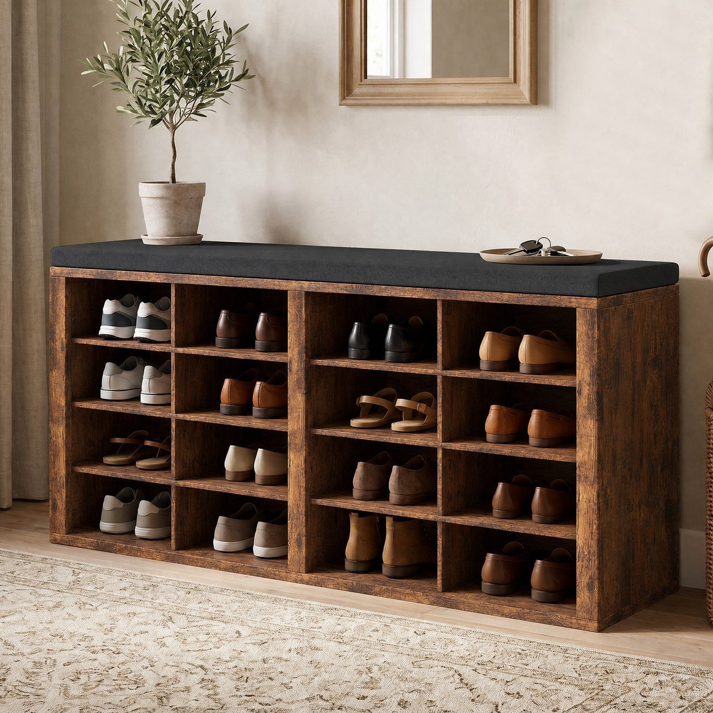 Shoe Storage Bench With Cushion 16 Cubby Rack Multifunctional