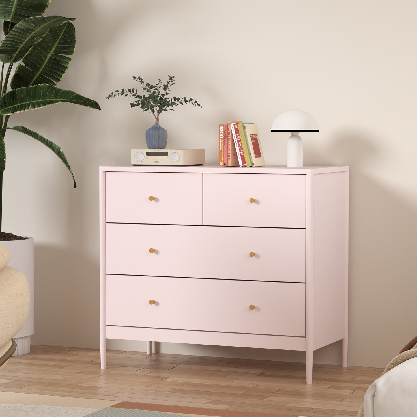 Pink 4-Drawer Wooden Kids Dresser - Modern Storage Cabinet