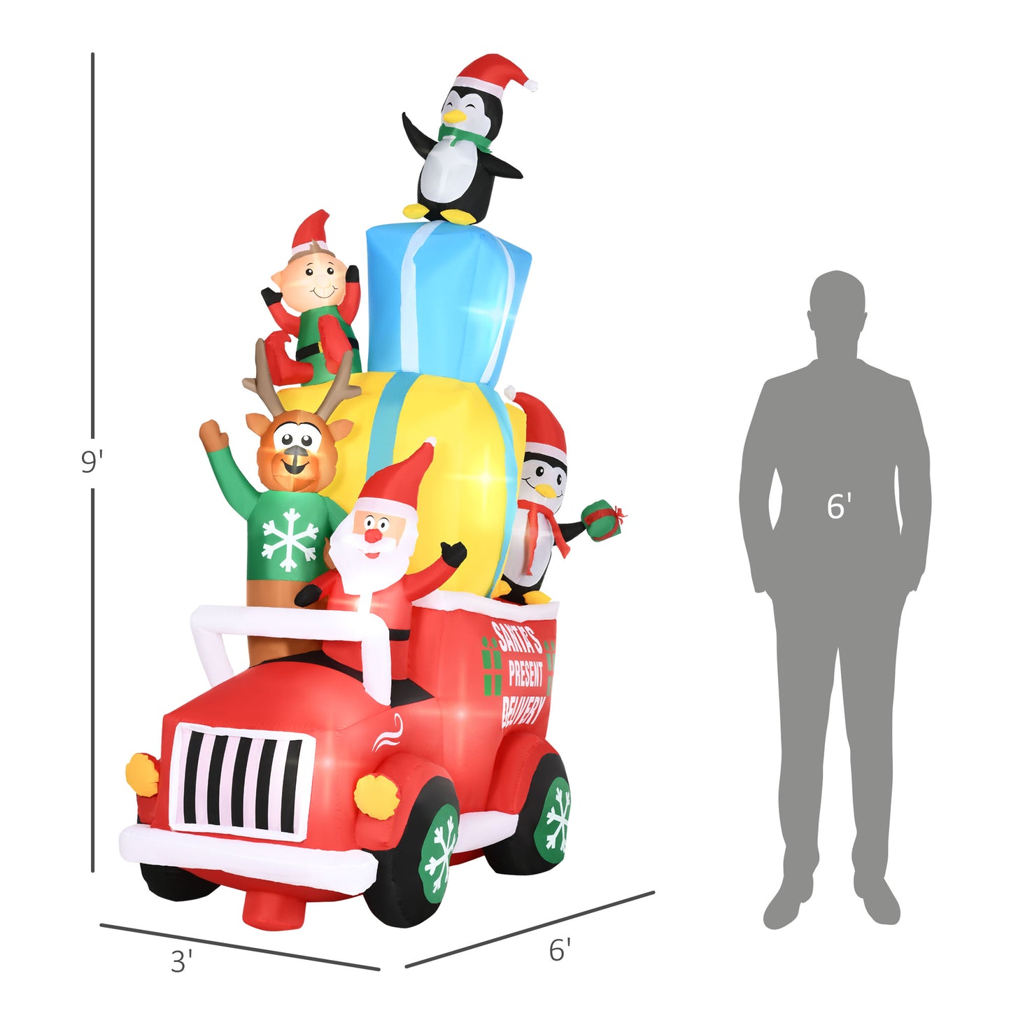 9ft Inflatable Santa Claus Gift Car with Elf, Elk & Penguins