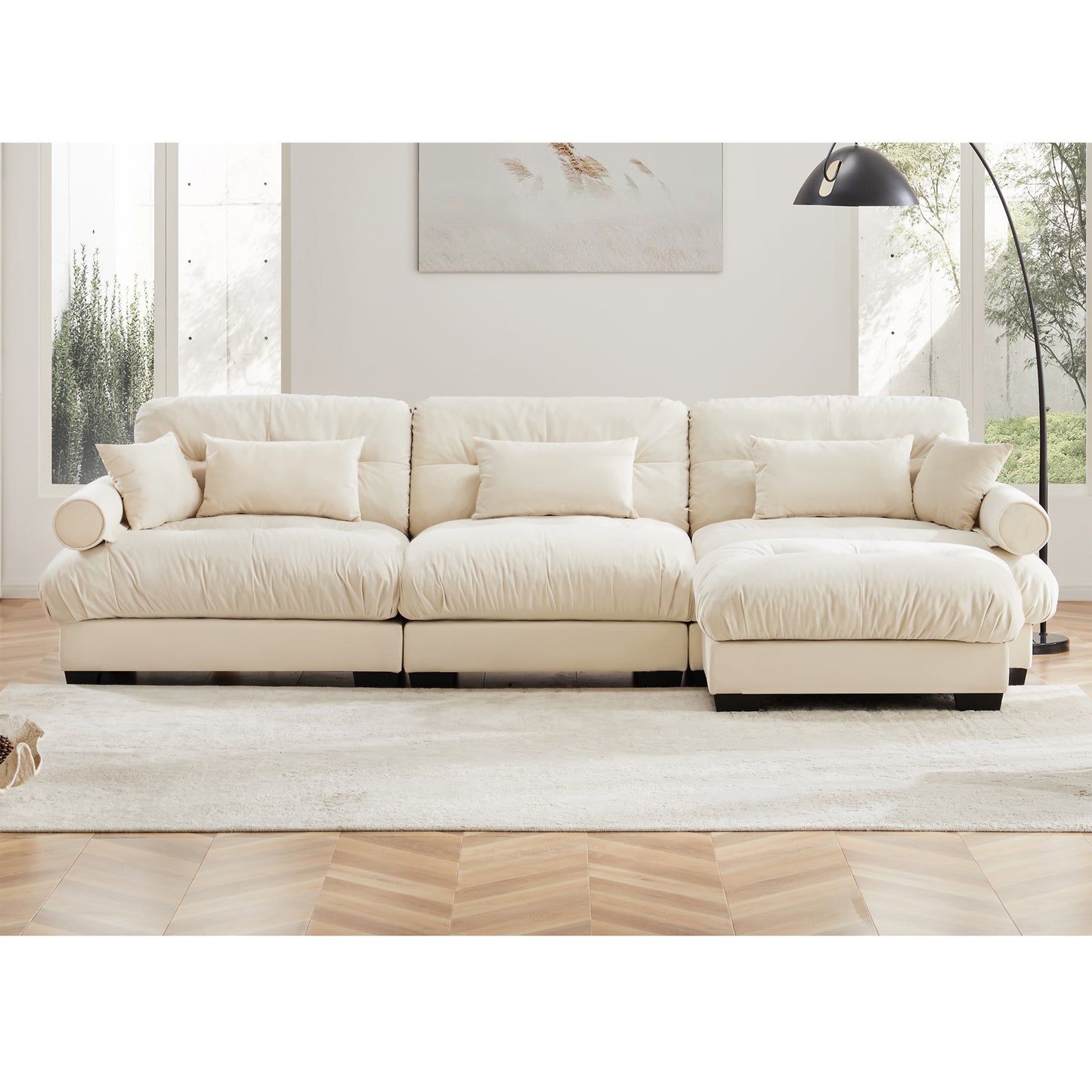 Oversized Modular Velvet Sectional Sofa with Movable Ottoman - Cream