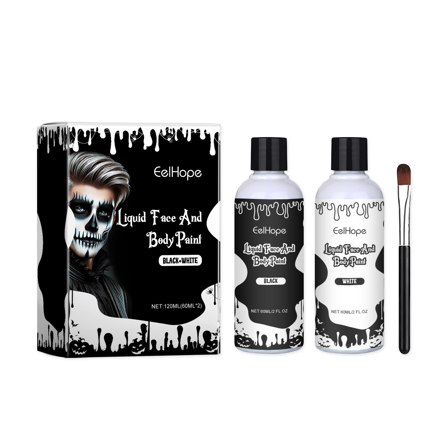 Black and White Liquid Face & Body Paint Set - Halloween Makeup Kit