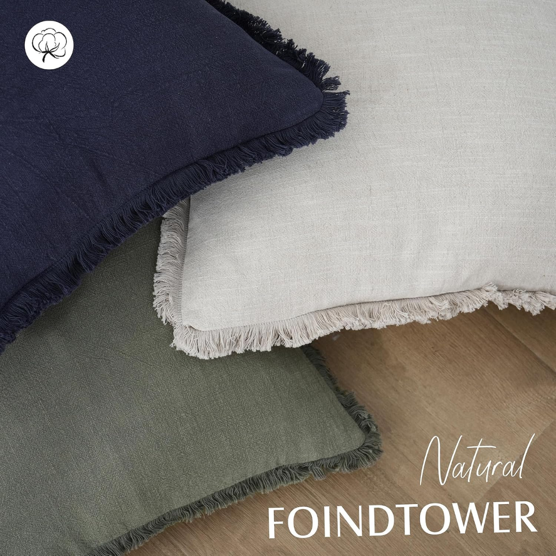 Decorative Linen Fringe Throw Pillow Cover - 18x18 Inch, Olive Green Set of 2