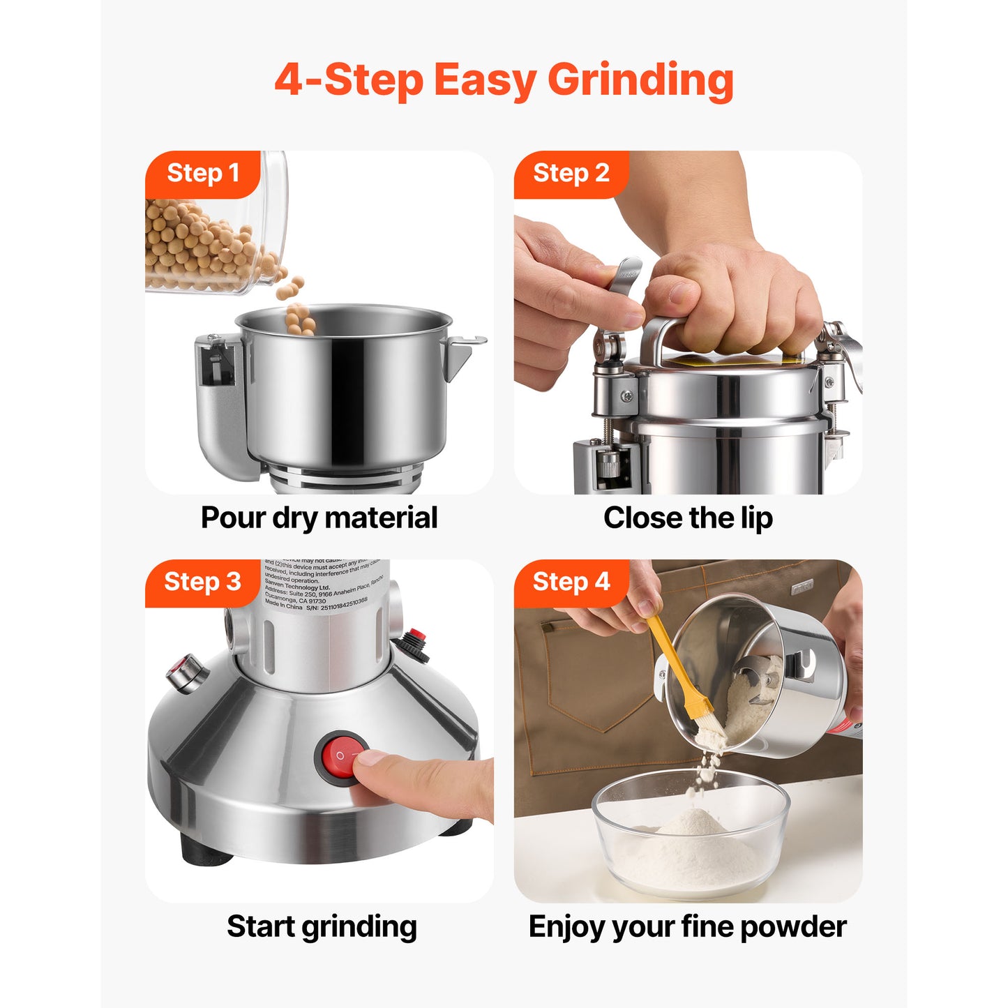 Electric Grain Mill Grinder 0.3 Lb Commercial Spice & Powder Pulverizer 850W Stainless Steel