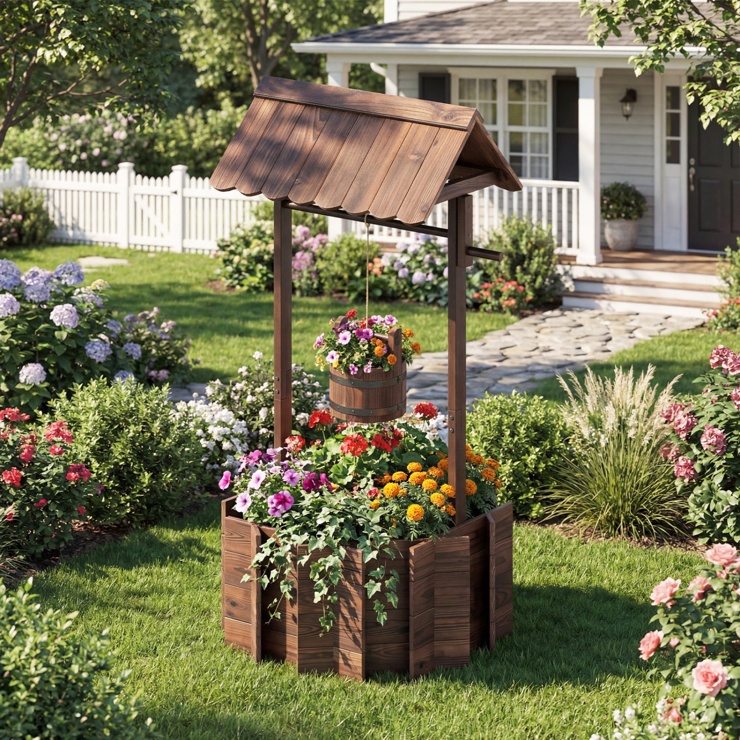 Outdoor Wooden Wishing Well Planter with Hanging Bucket