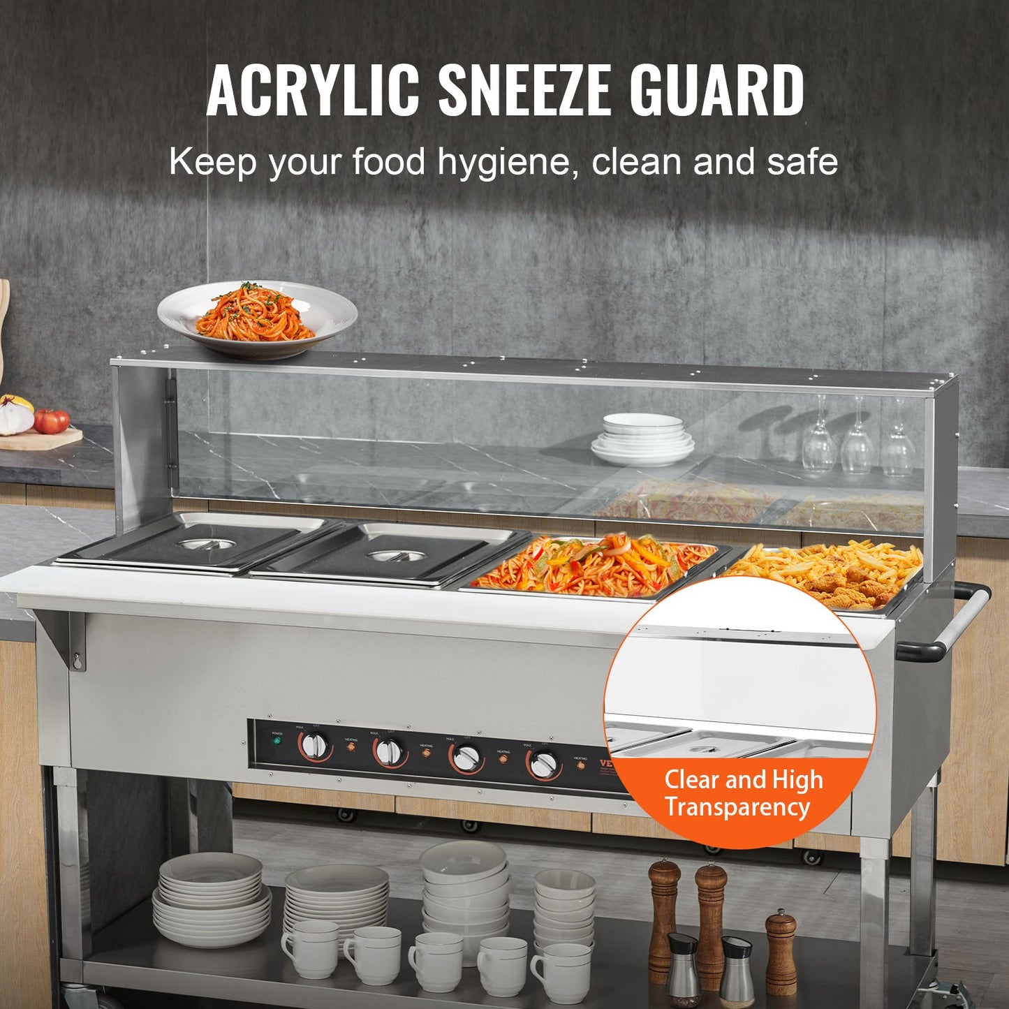 Commercial Food Warmer with 4 Stainless Steel Pans - 20.6QT Electric Steam Table, Acrylic Sneeze Guard, 2000W