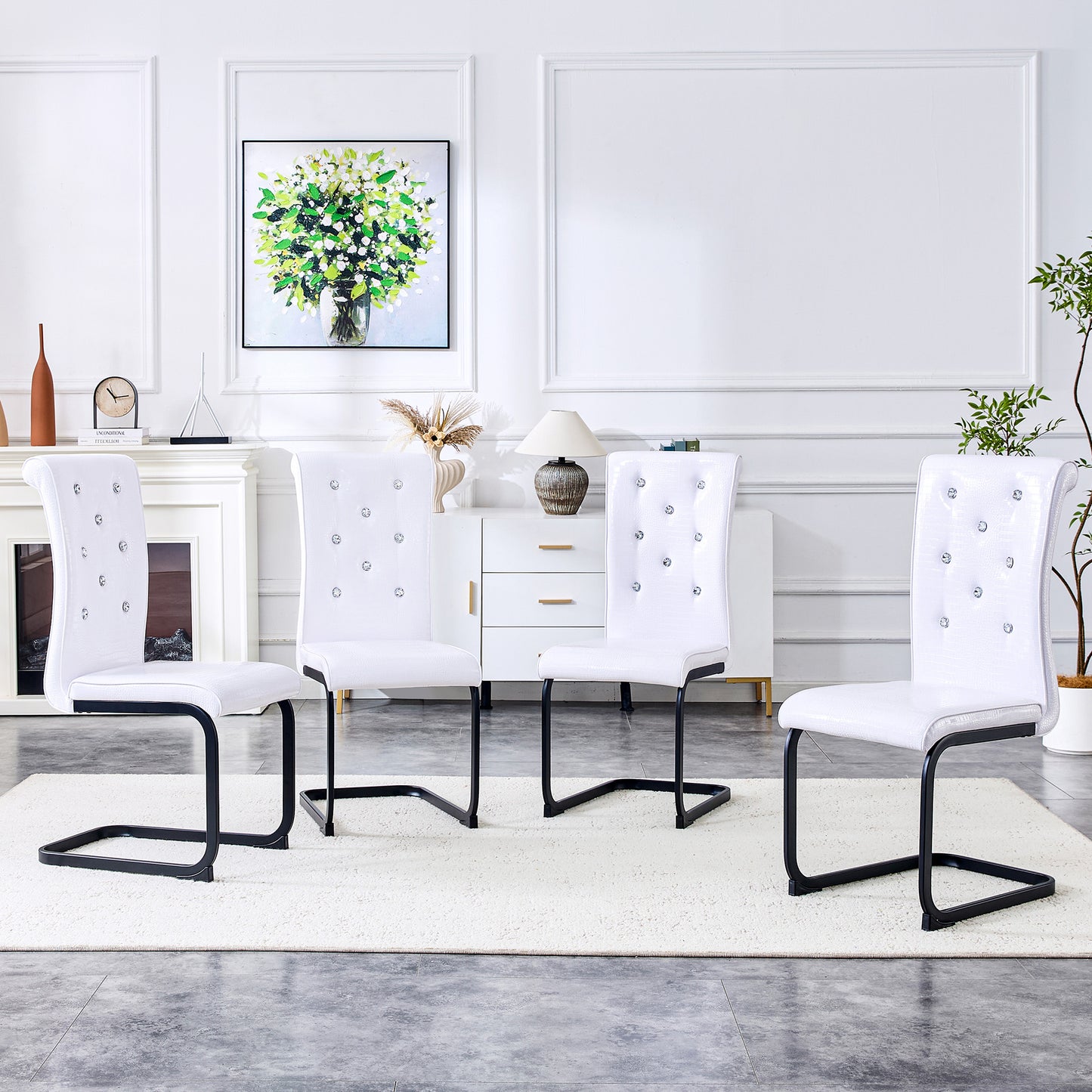 Set Of 4,Retro Alligator Skin Upholstered Dining Chairs,with Crystal