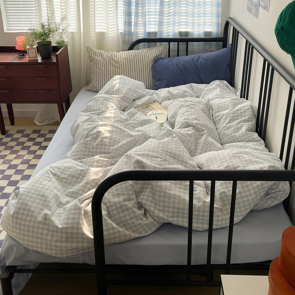 Fresh All-Cotton Checkered Bedding Set - Light Beige, 4 Pieces