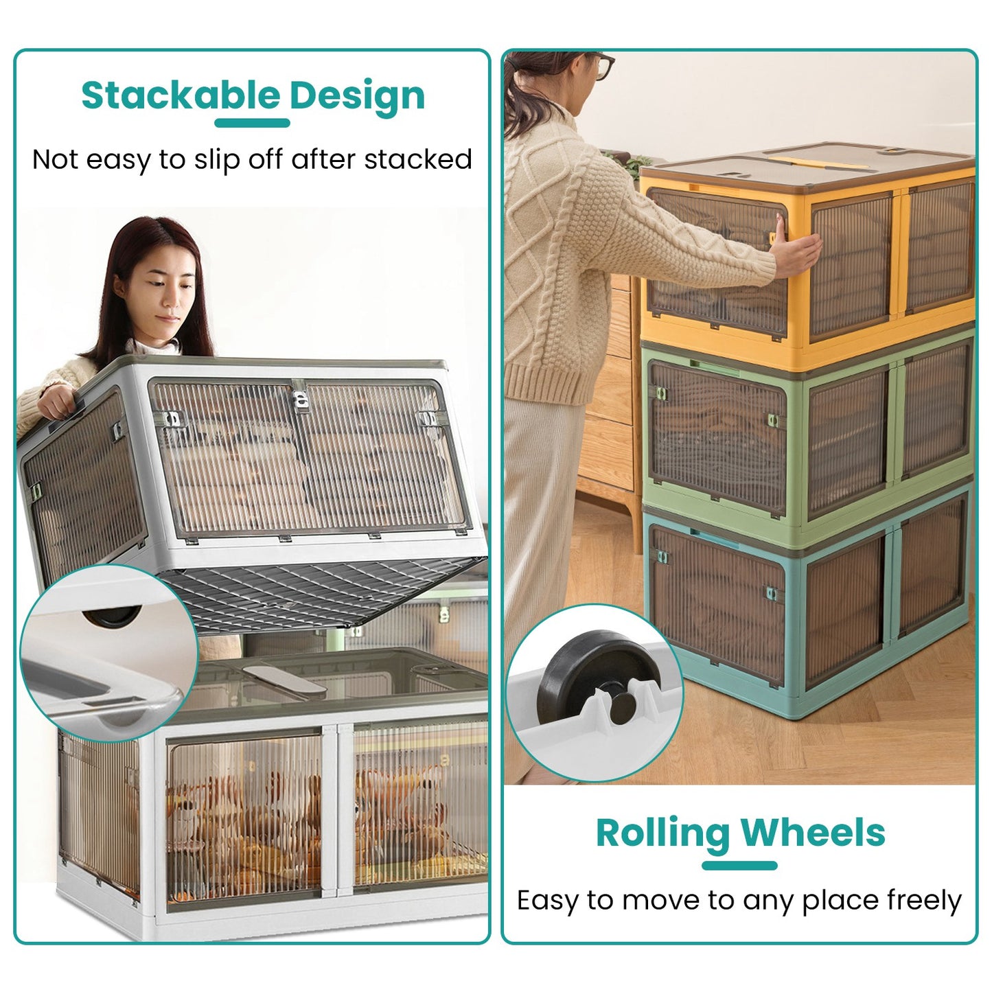 3Pcs Foldable Storage Bins With Lid 4 Doors Collapsible Stackable