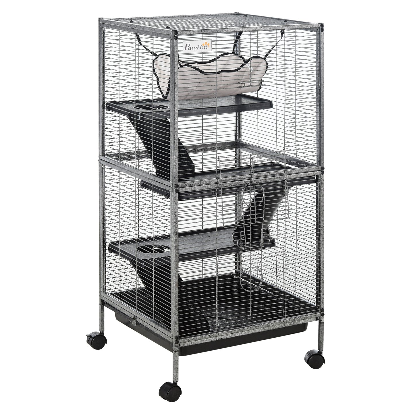 Small Animal Cage with Wheels, 4 Tiers, Hammock & Removable Tray - Gray
