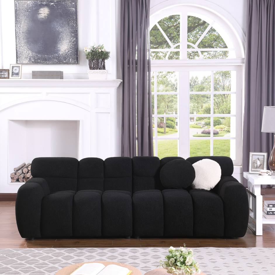 87.4" Black Boucle Sofa - 3 Seater with Plush Cushions