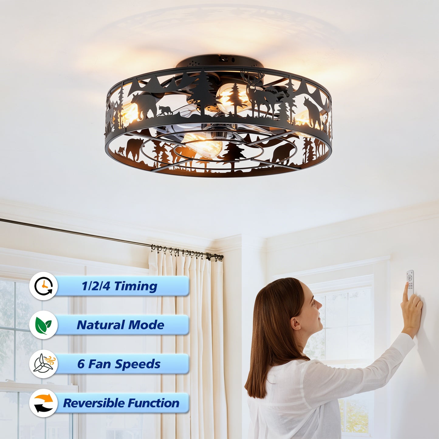20in Matte Black Ceiling Fan with Remote Control - Reversible, 6 Speeds, Flush Mount, No Bulbs