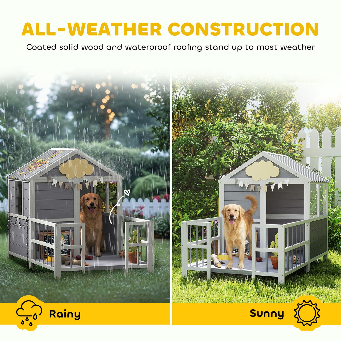 Large Wooden Outdoor Dog House with Porch & Weatherproof Roof - Gray