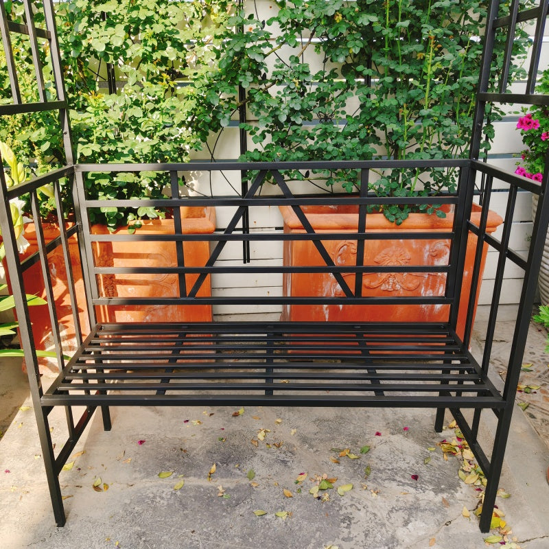 Metal Garden Arch with Convertible Bench and Flower Rack Support - Outdoor Black