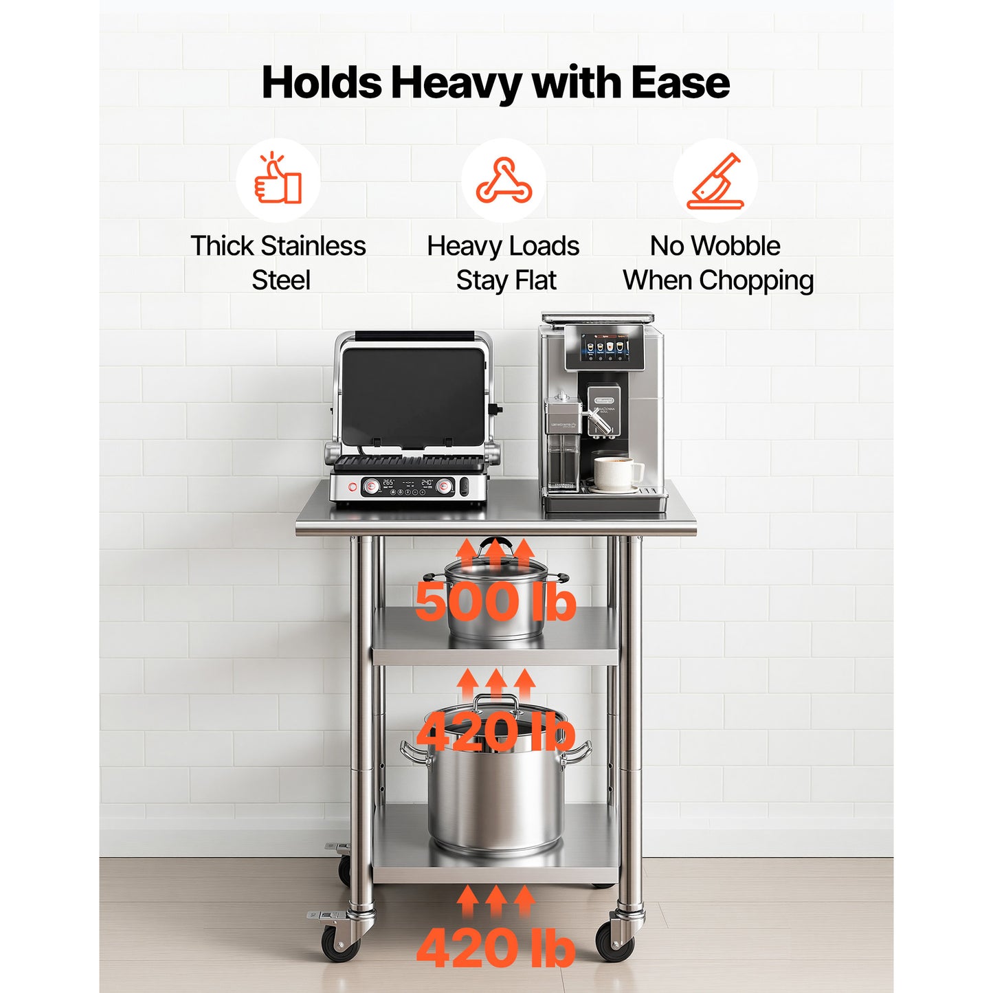Stainless Steel Work Table 24x30 Inch Food Prep Table with Shelves & Wheels - Heavy Duty Kitchen Workstation