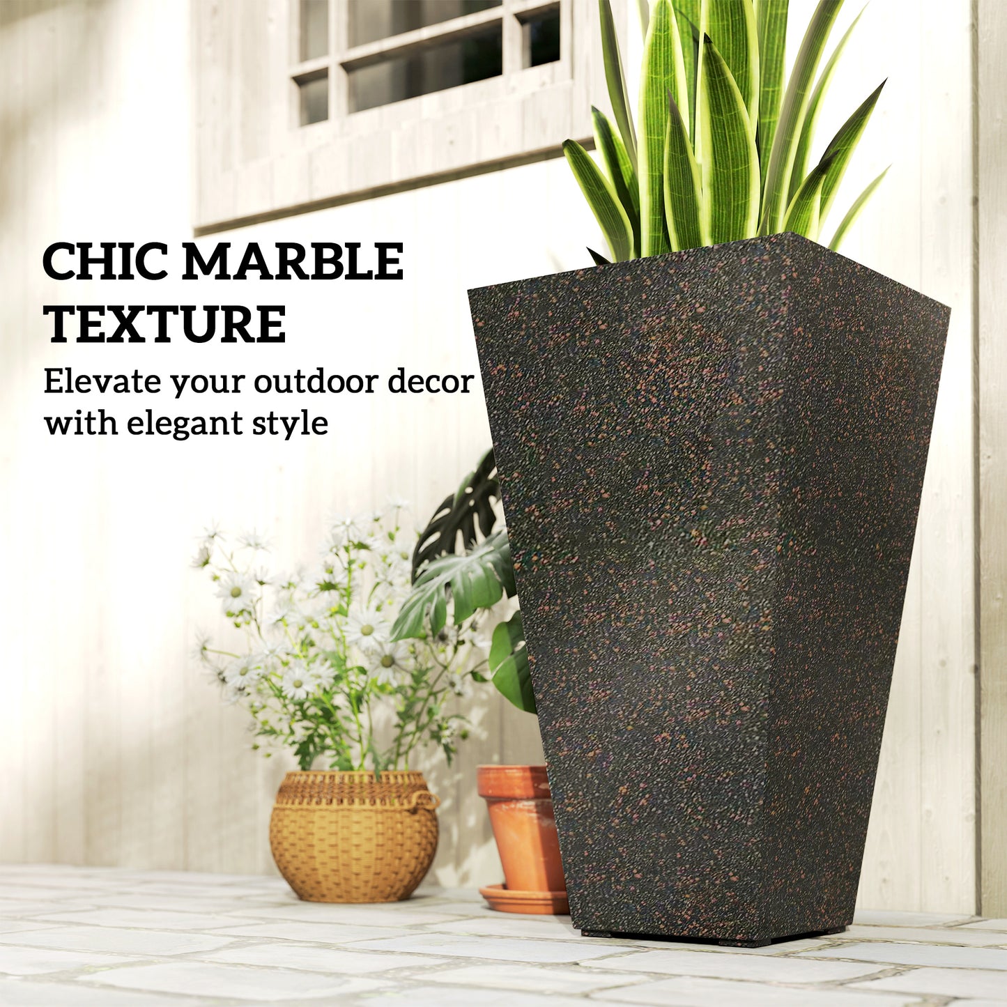 28-Inch Tall Plastic Planters Set of 3 with Marble Finish and Drainage Holes