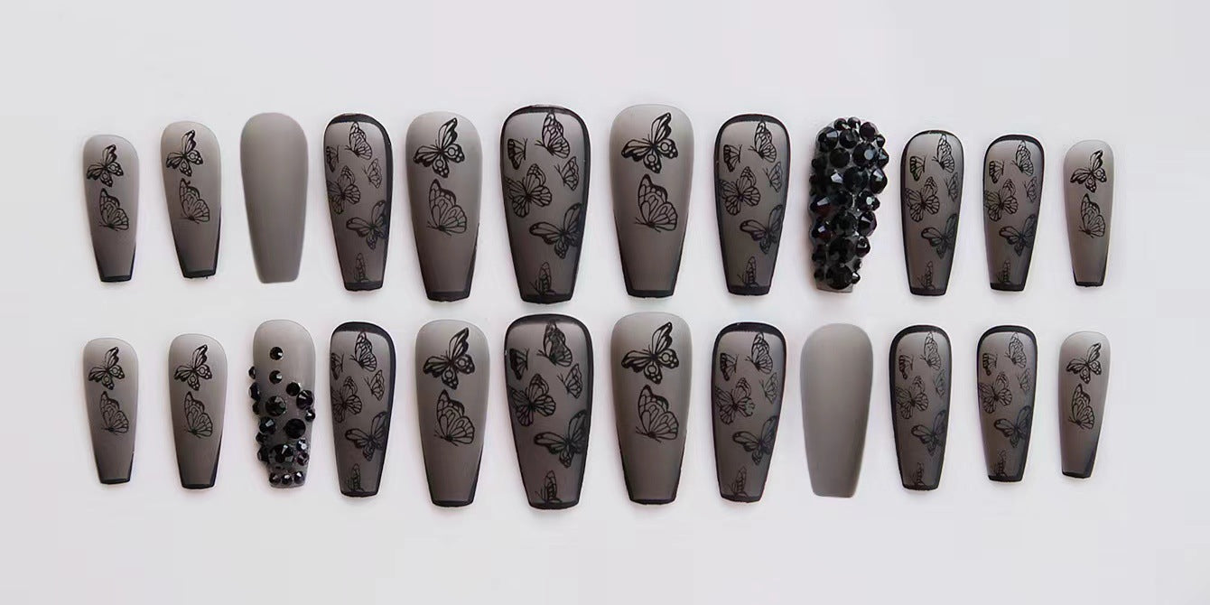 Long Fake Nail Set - Black Frosted Butterfly Design, Removable Armor Style
