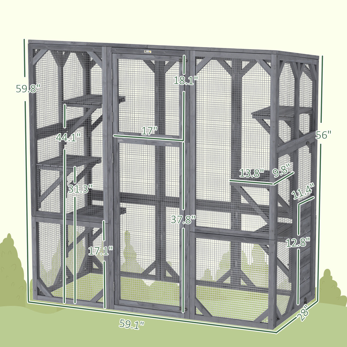 Large Wooden Cat Catio with 6 Jumping Platforms, Weatherproof Roof, Gray