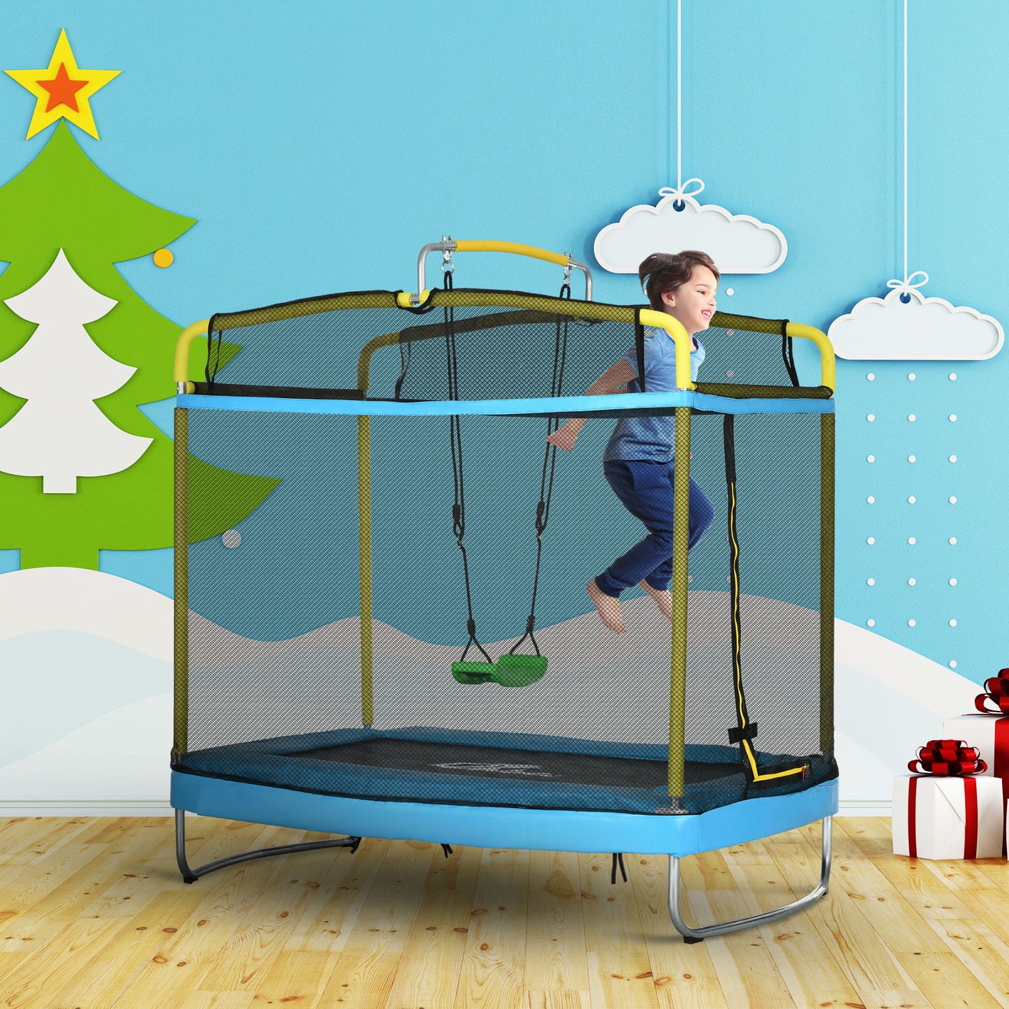 3-in-1 Kids Trampoline with Enclosure - Light Blue