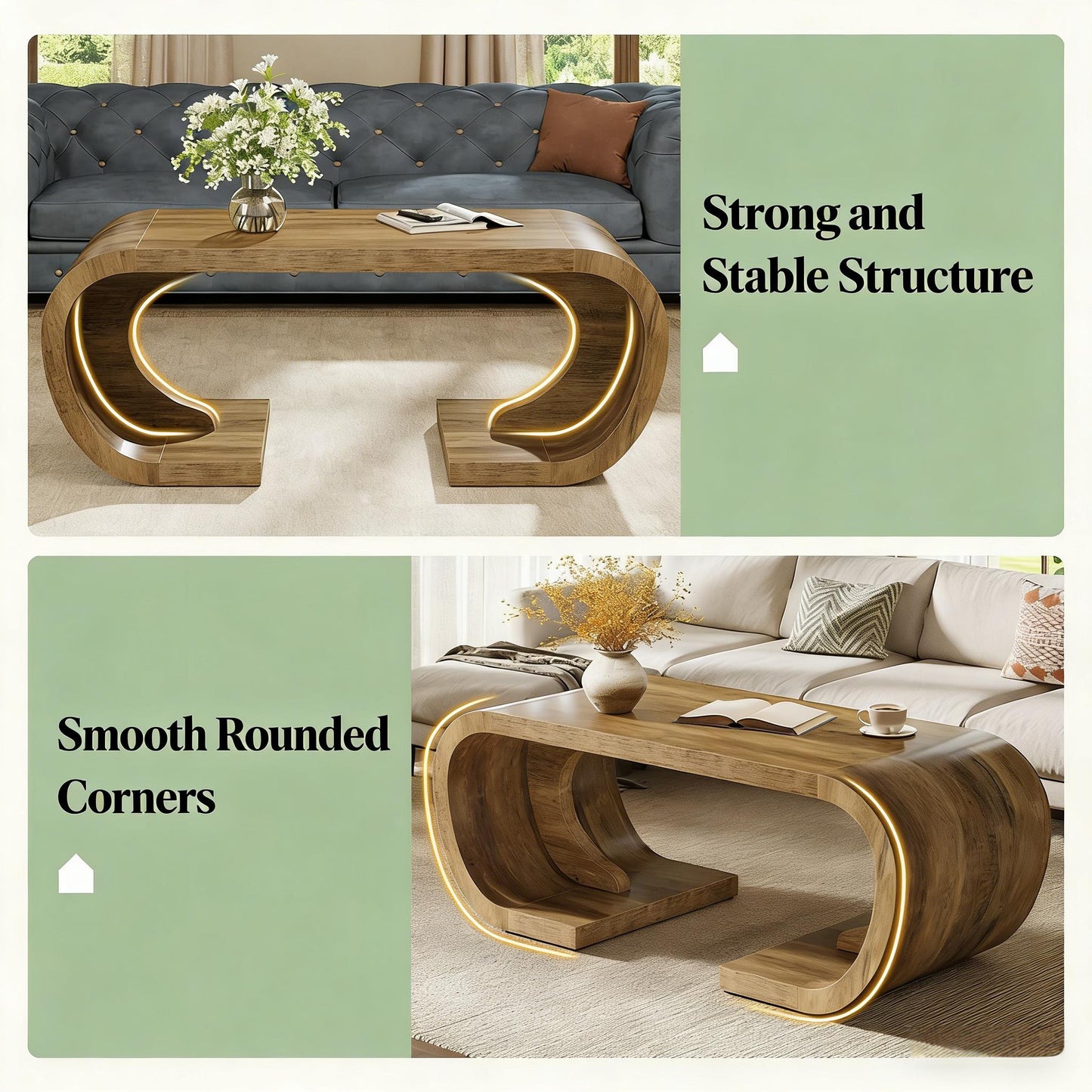 C-Shaped Coffee Table - Artistic Wooden Center Table, Brown