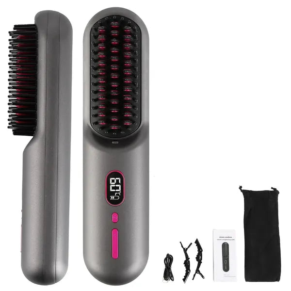 Cordless Negative Ion Hair Straightener Brush - Portable Rechargeable Comb