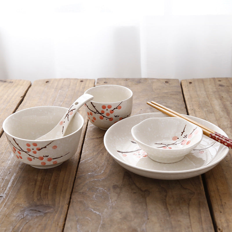 Japanese Style 6-Piece Rice Bowl Set with Chopsticks, Plates & Saucers