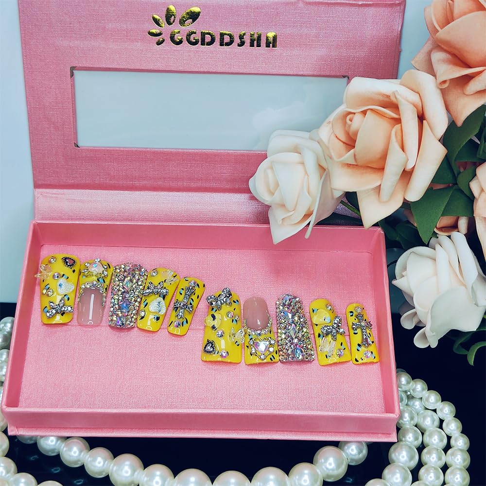 Duck Shape Press-On Nails - Handmade Acrylic Rhinestone Butterfly Design