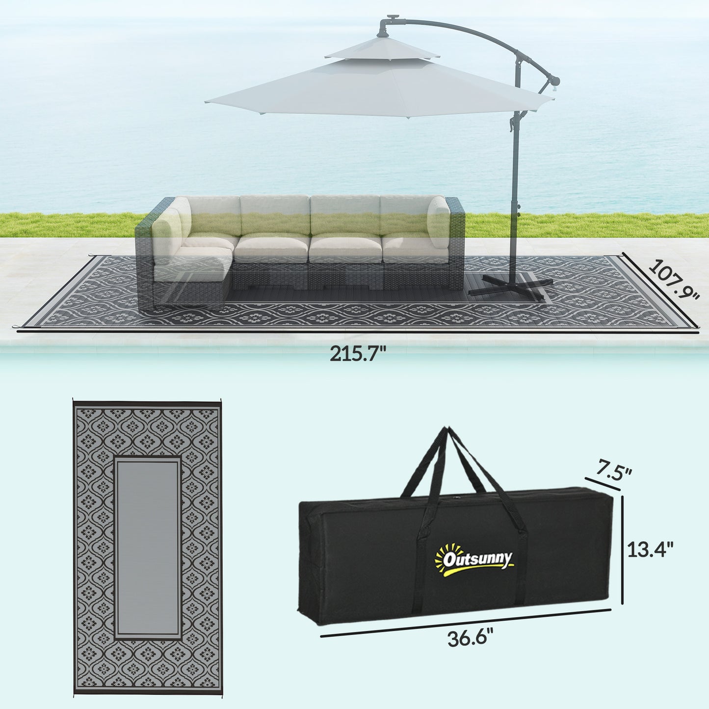 Reversible Outdoor Rug - Waterproof Plastic Straw, 9' x 18', Black & Gray