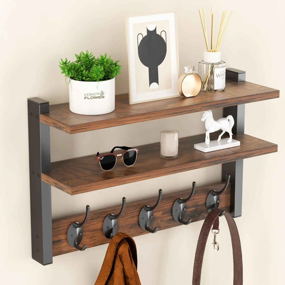Wall-Mounted Shelf Living Room Decorative Display Rack with Hooks