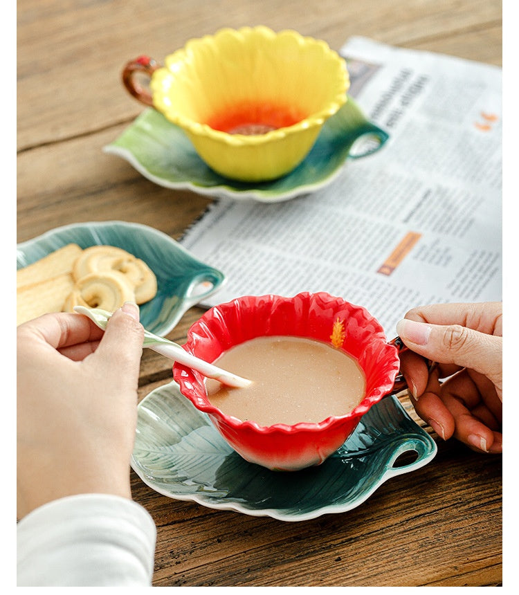 Handmade Enamel Ceramic Coffee Cup with Plate and Spoon - Latte Art Drinkware