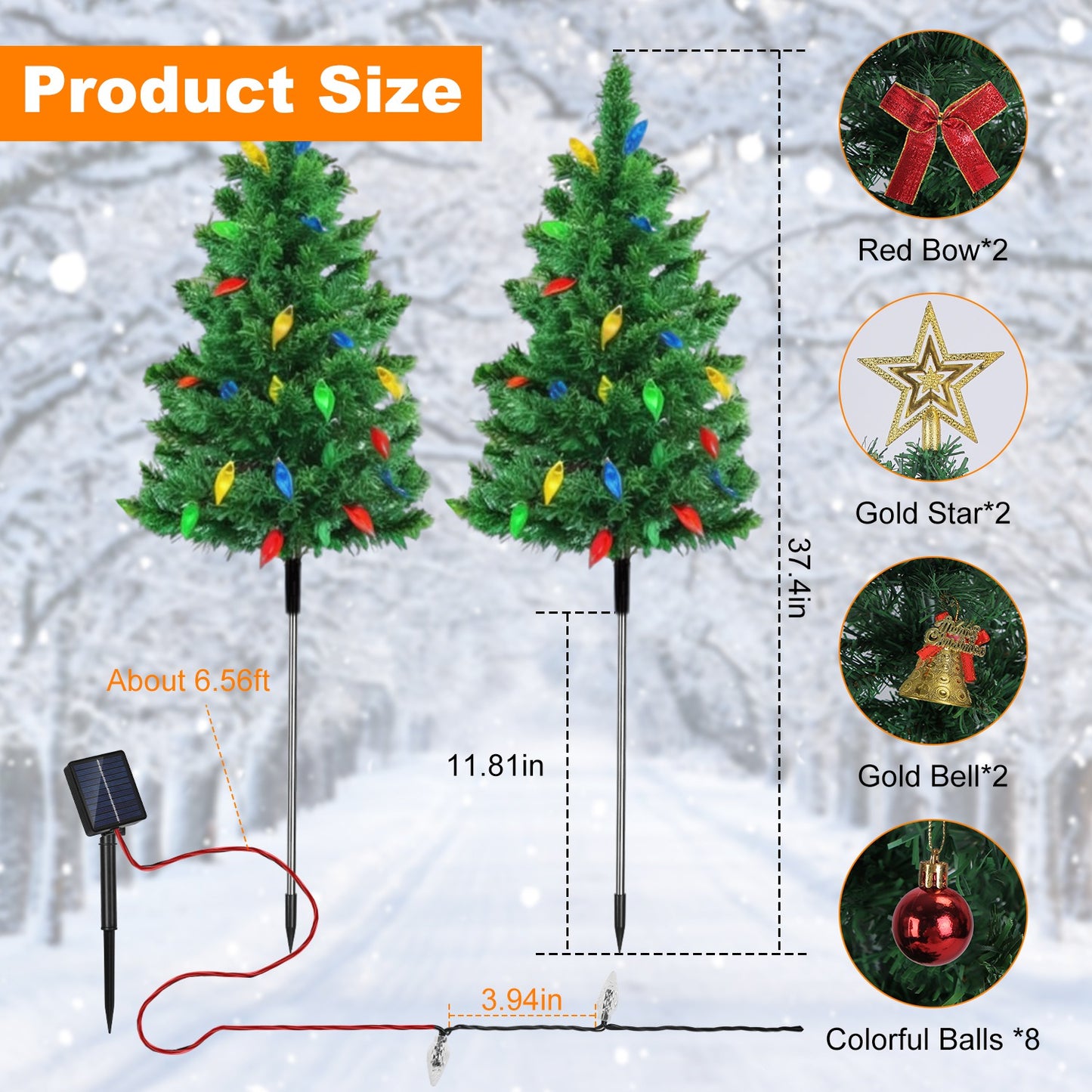 Solar Christmas Tree Lights - 37.4in Height, 100 LEDs, 8 Modes, 2 Pack