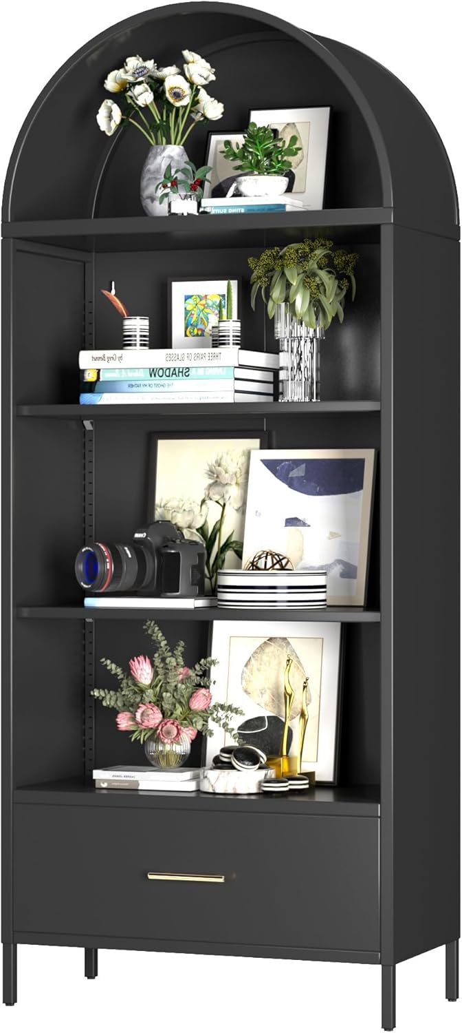 Metal Arched Bookshelf Cabinet with Drawer - Black Kitchen Storage
