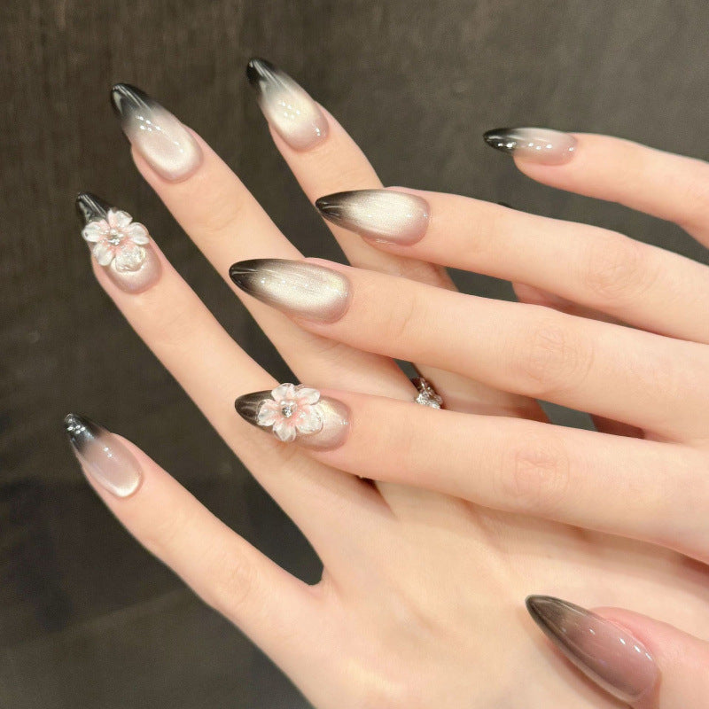 Handmade Ice Carving Flower 3D Ice Flower with French Manicure Design - Black Gradient