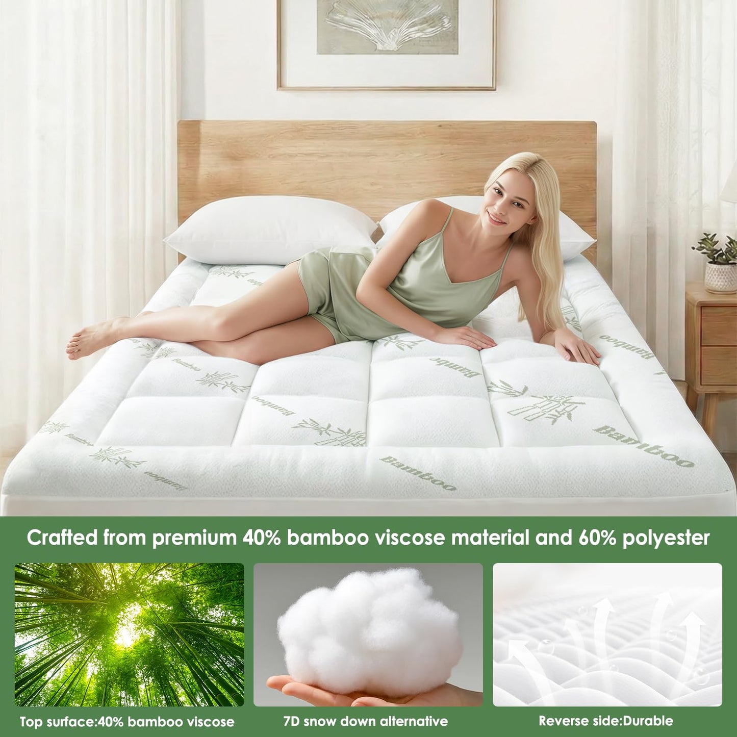 Cooling Bamboo Mattress Topper - Soft Pillow Top & Deep Pocket