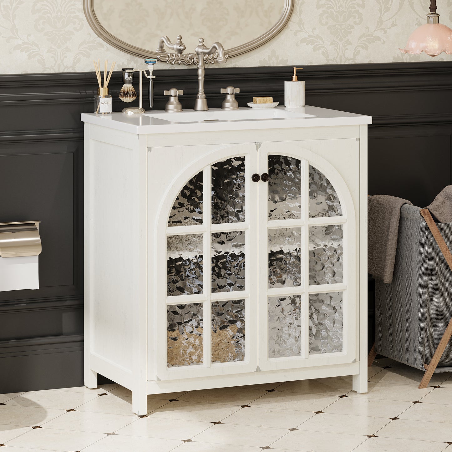 30-Inch Vintage Rustic Bathroom Vanity with Ceramic Sink - Antique White