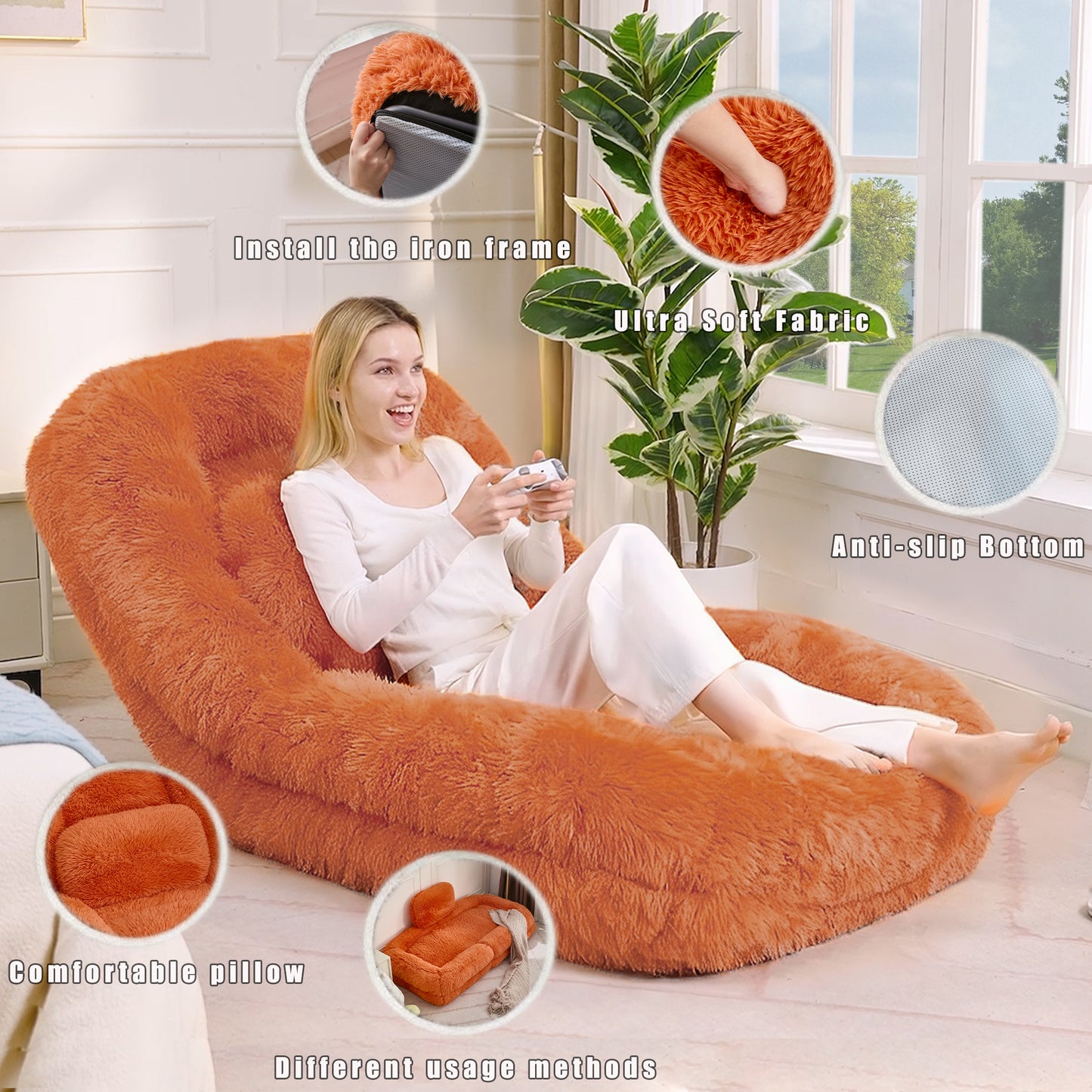 Adjustable Human Dog Bed & Lazy Sofa - Orange Plush Fabric