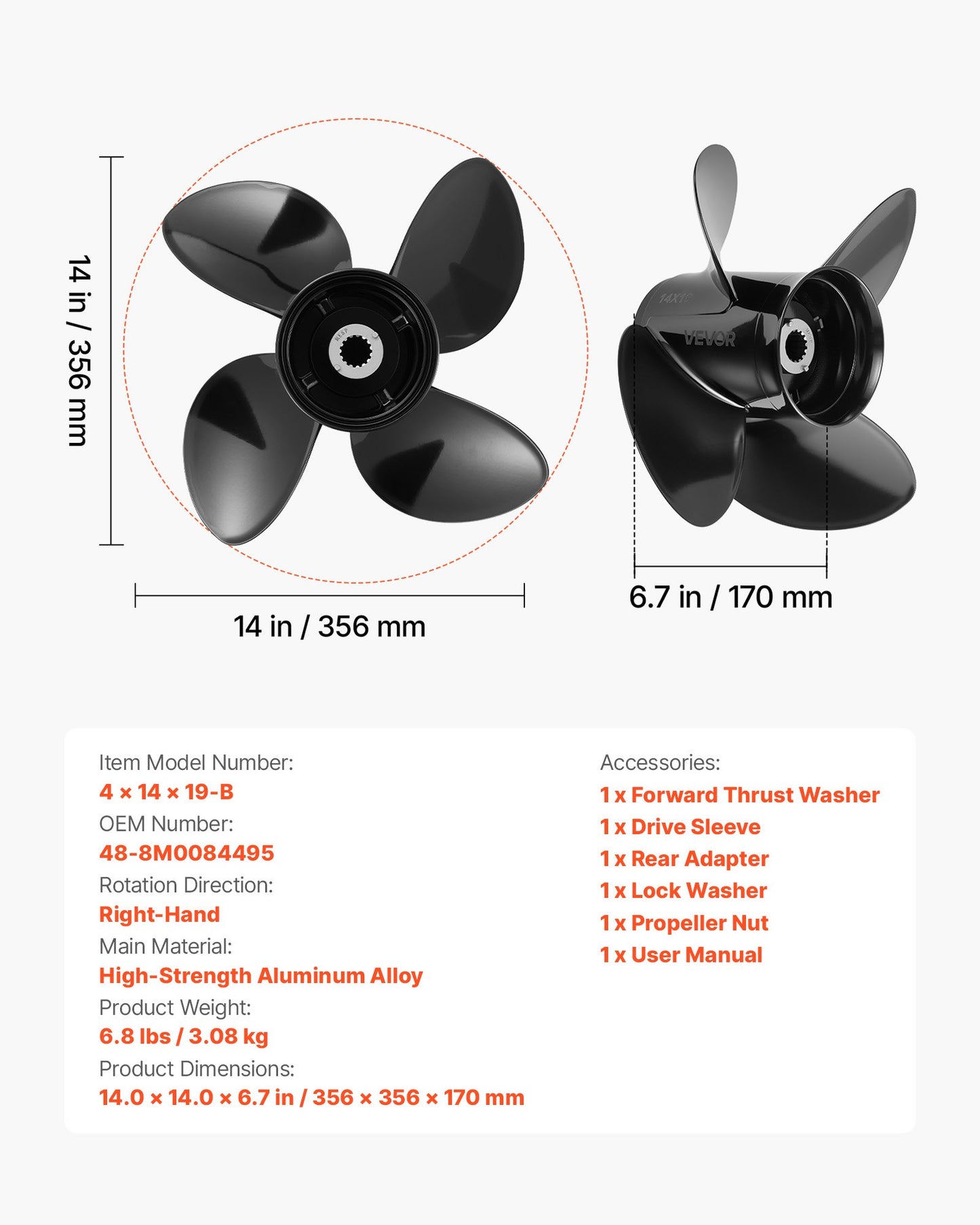 Outboard Propeller 15 Spline Aluminum RH 4-Blade Fit Mercury/Mariner Engines 135-300 HP