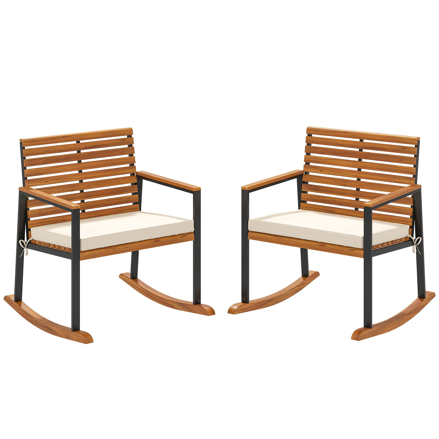 Acacia Wood Outdoor Rocking Chair Set of 2 with Cushions - Cream White
