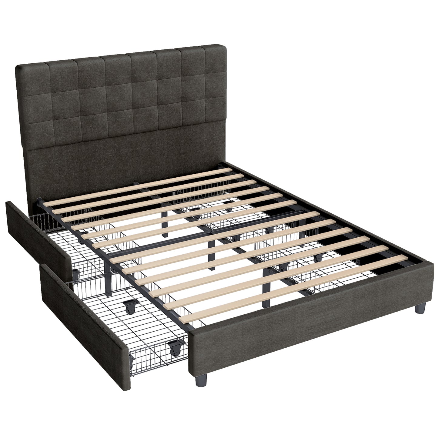 Queen Bed Frame Upholstered Vertical Channel Headboard With 4 Storage