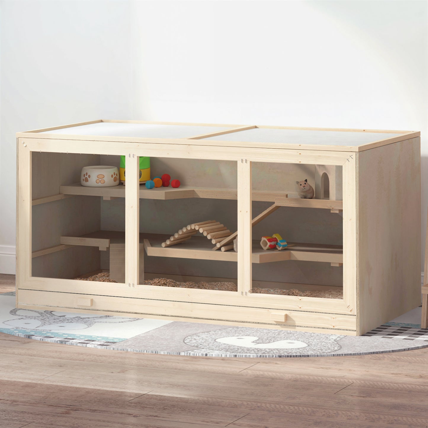 45-Inch Large Wooden Hamster Cage with Multi-Level Design & PVC Windows