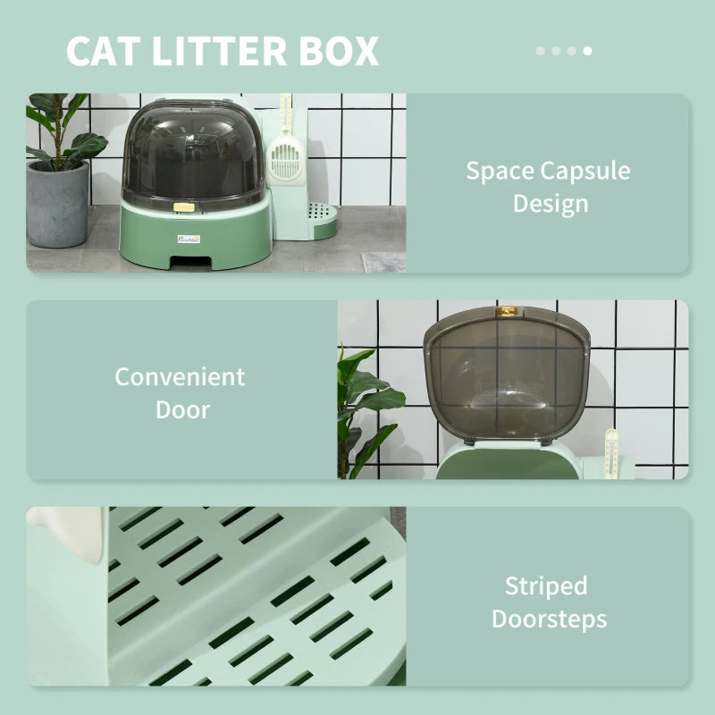 Green Cat Litter Box with Scoop | Easy to Clean, Enclosed & Futuristic Design