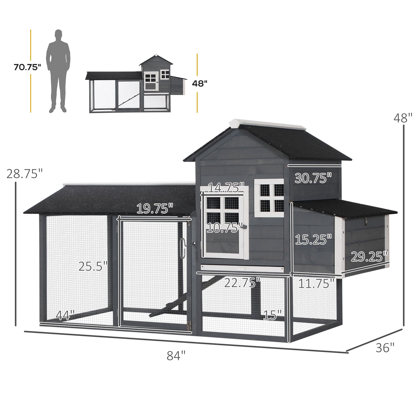 84-Inch Wooden Chicken Coop with Run and Nesting Box - Gray Outdoor Poultry House