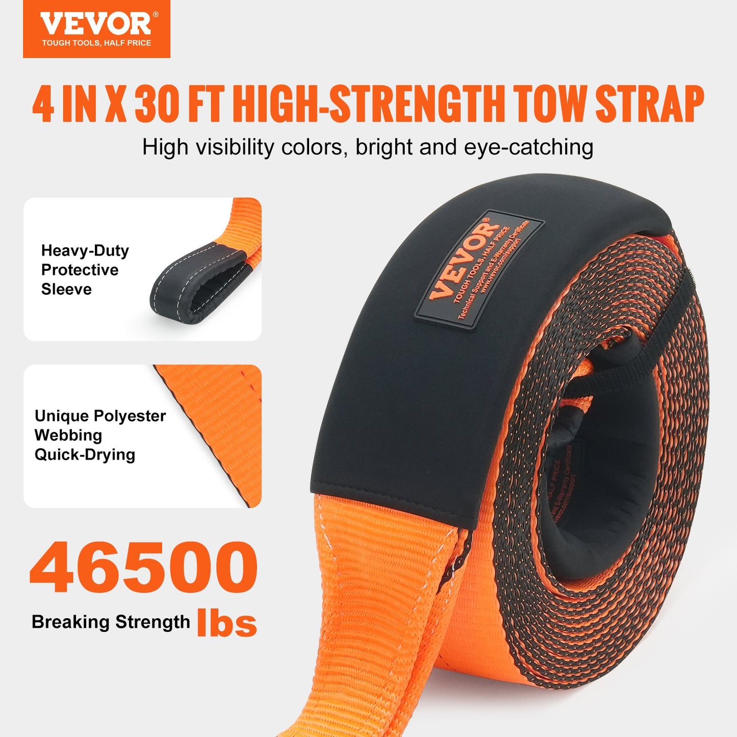 Heavy Duty Tow Strap 4" x 30' 46,500 lbs Capacity Off-Road Recovery Strap