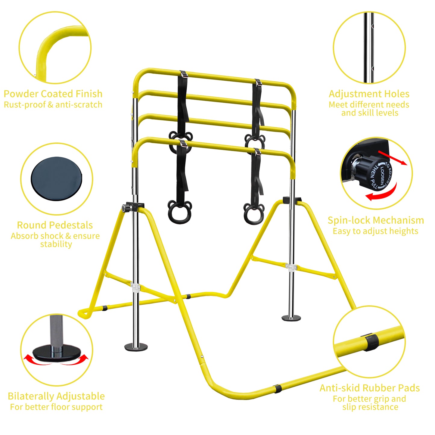 Adjustable Height Children's Gymnastic Bar with Bear Rings - Yellow