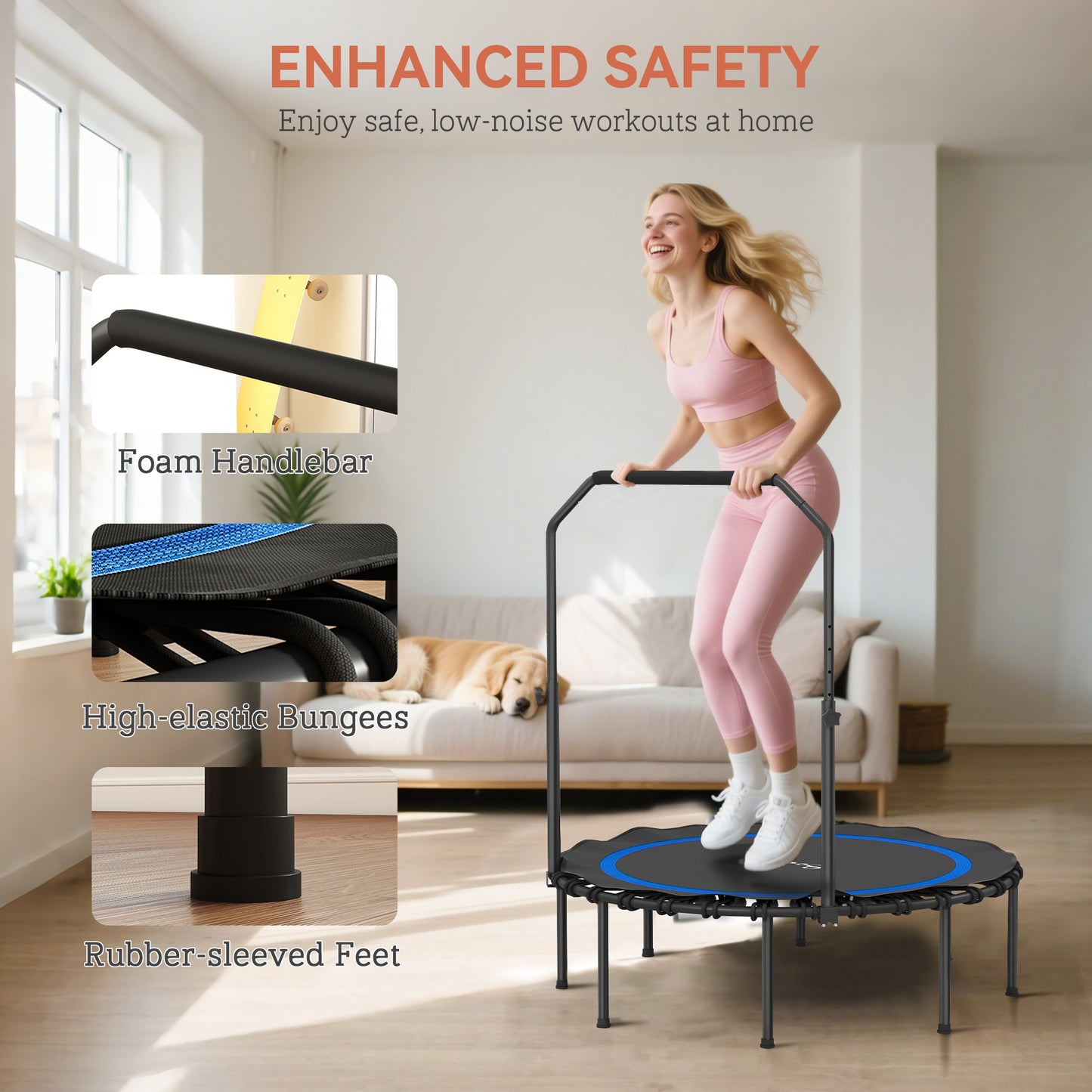 45" Foldable Mini Trampoline for Adults with Adjustable Handle - Blue
