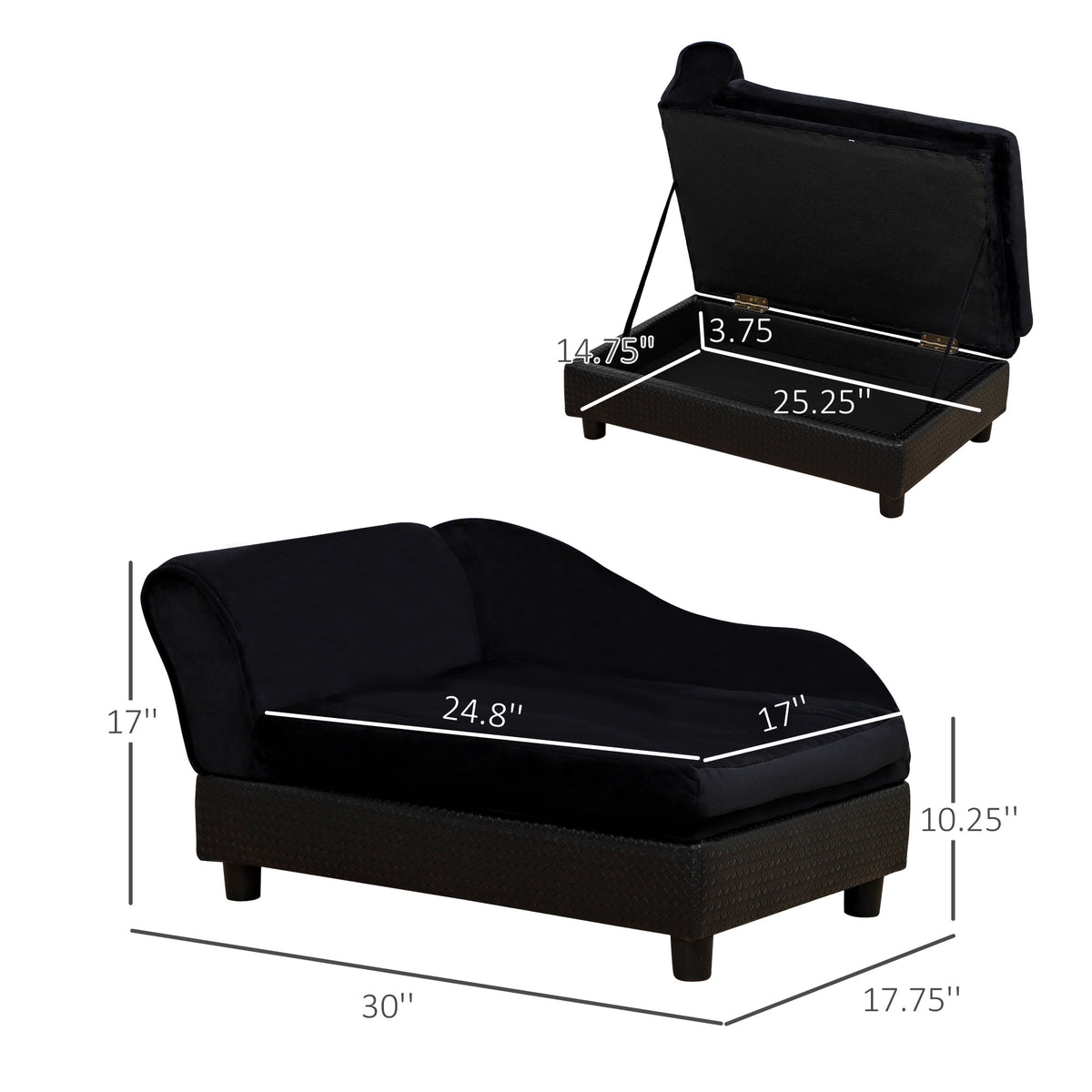 Pet Sofa Bed Couch with Storage - Small Dog & Cat Bed, Black, 740x485mm