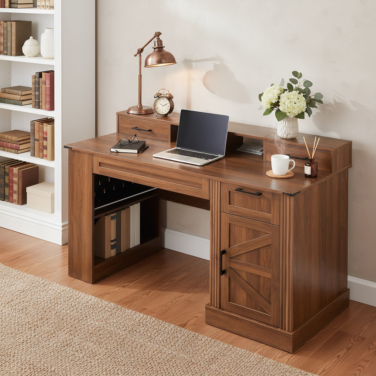 55" Farmhouse Office Desk with Storage & Charging Station - Dark Walnut
