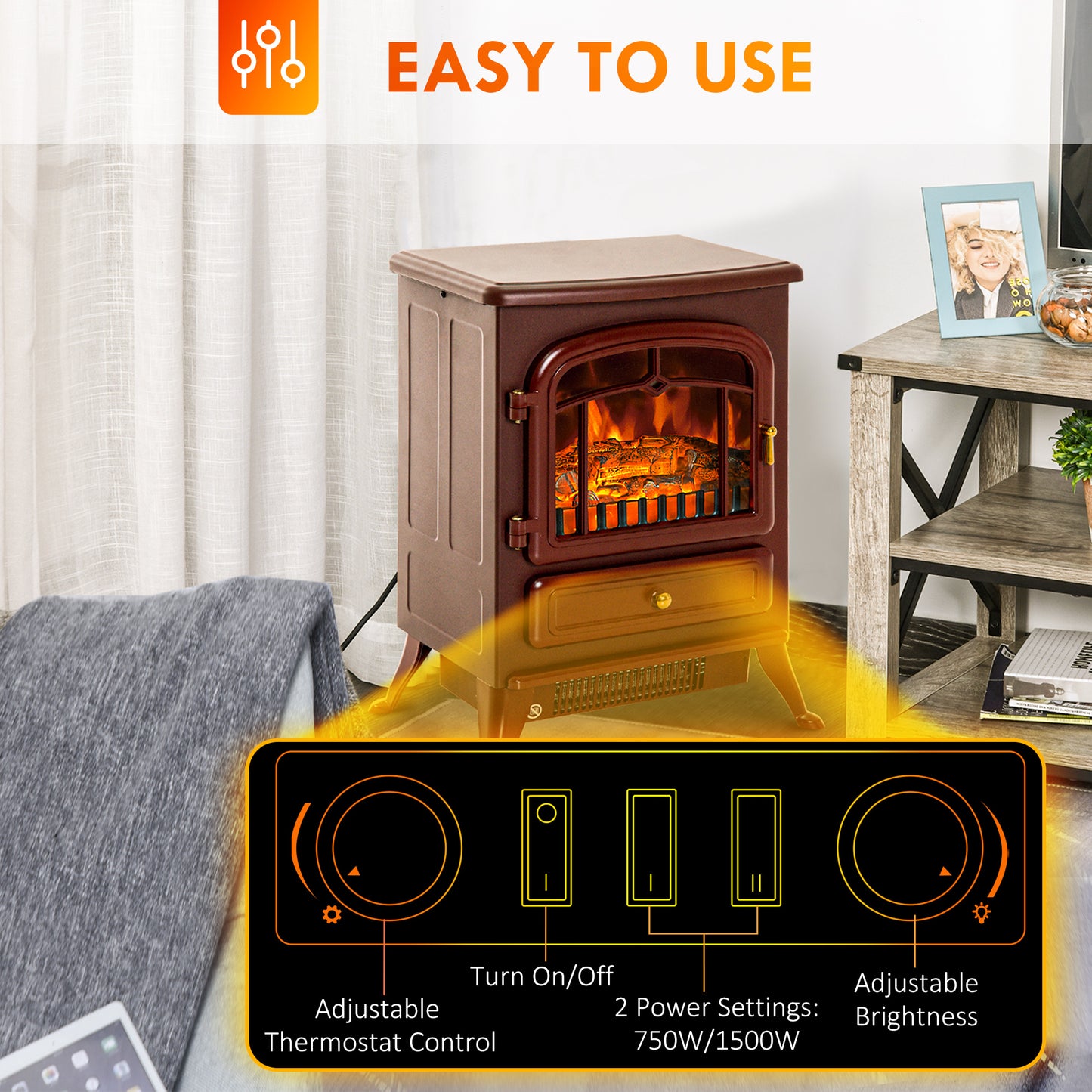 22-Inch Electric Fireplace Heater with Realistic LED Flames, Freestanding Stove, Overheat Protection - Red