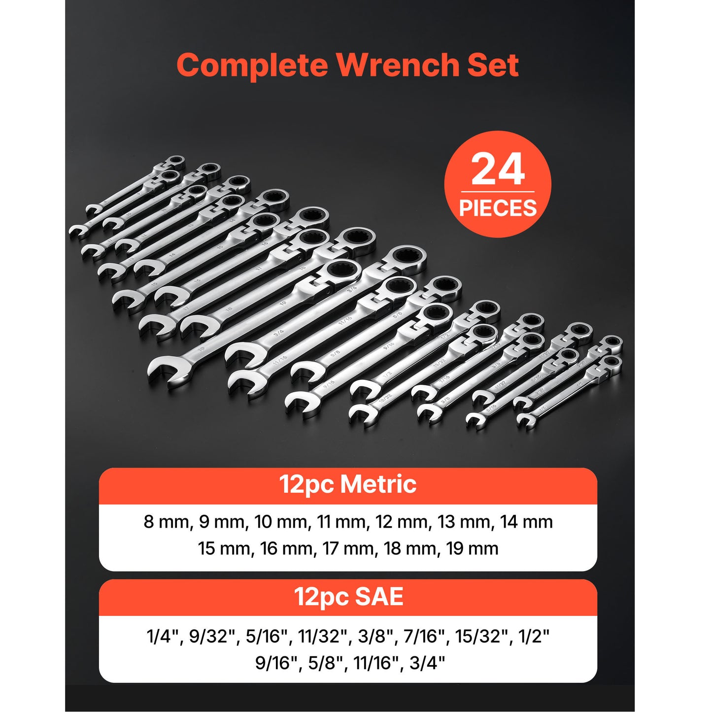 24-Piece Ratcheting Wrench Set - SAE & Metric, Flexible, Cr-V Steel with Storage Case