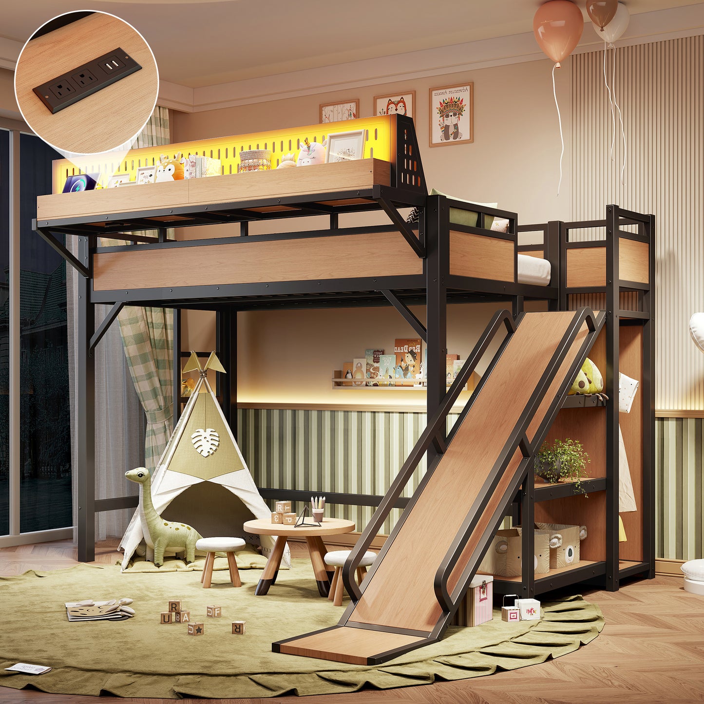 Twin XL Loft Bed with Slide, Storage Shelves & USB Ports - Natural